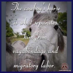 The cowboy's horse is what separates him from vagabondage and migratory labor.